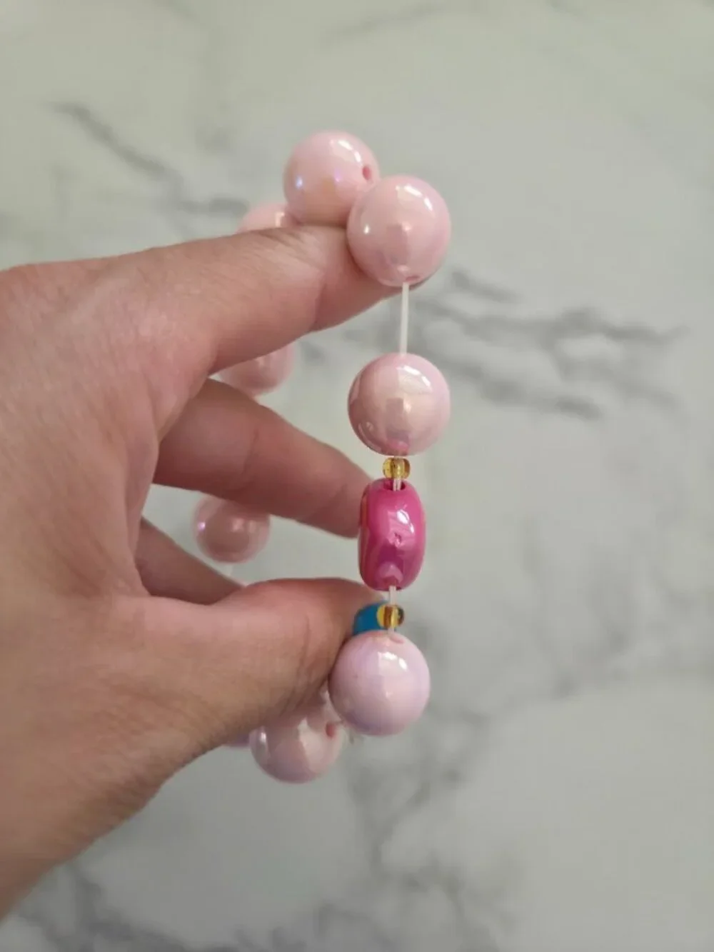 Pink Chunky Beaded Stretch Bracelet Smiley Heart Charm Y2K Jewelry